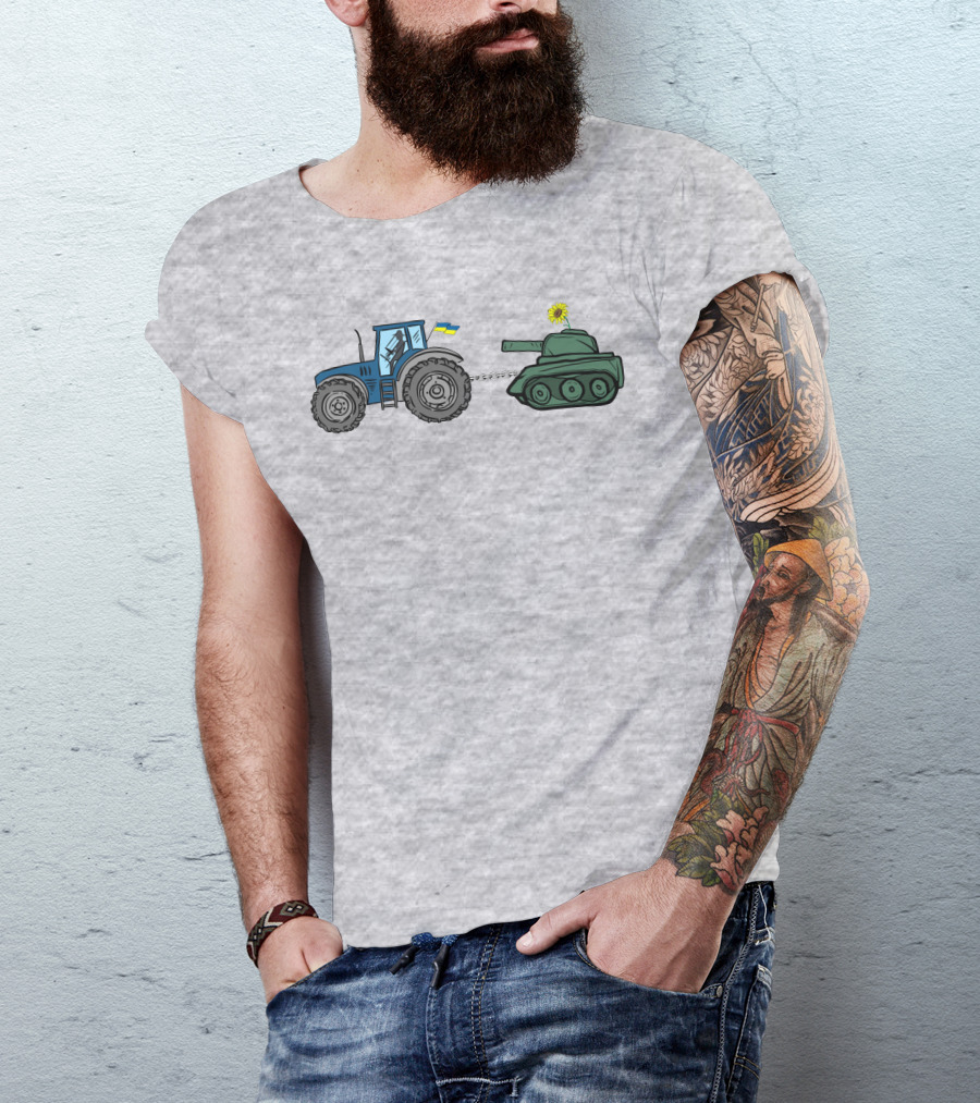 Ukrainian Tractor Pulls Russian Tank With Sunflower T-Shirt