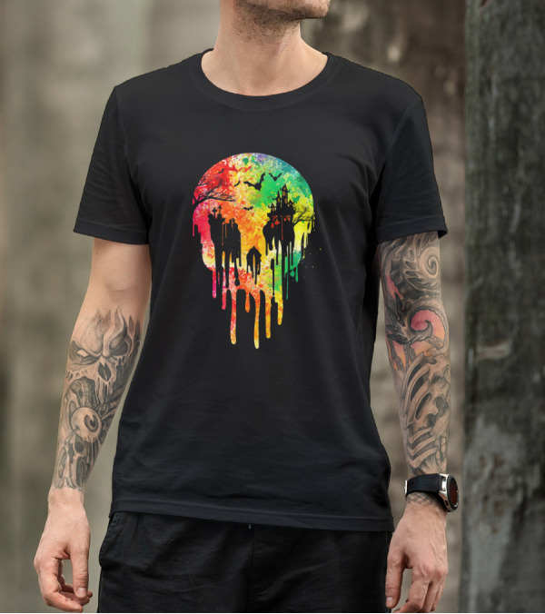 Melting Skull Colorful Night With Haunted Trees And Bats T-Shirt
