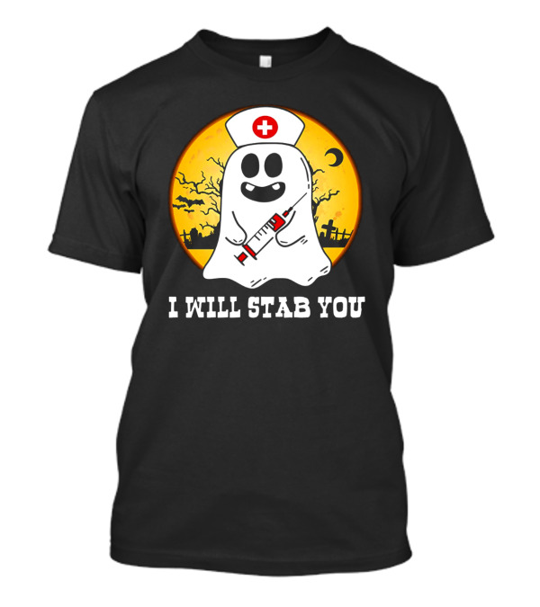 Nurse Ghost I Will Stab You Halloween Moon Graveyard Nurse Cap Syringe T-Shirt