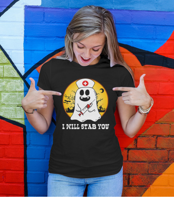Nurse Ghost I Will Stab You Halloween Moon Graveyard Nurse Cap Syringe T-Shirt