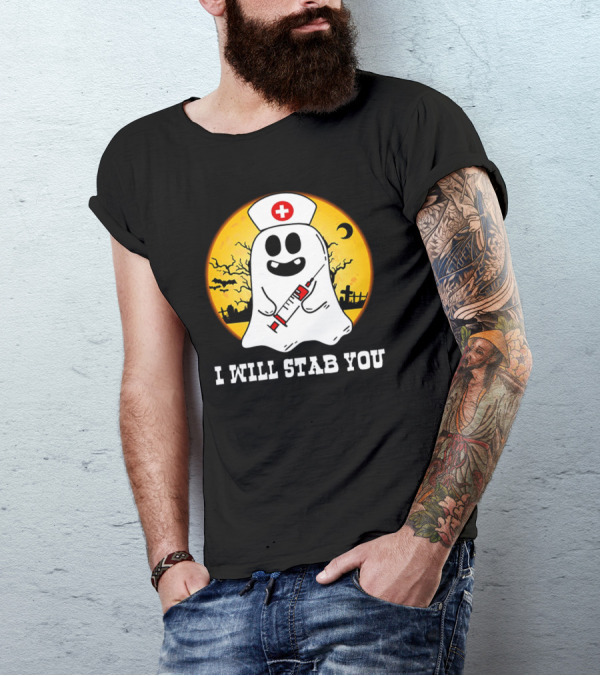 Nurse Ghost I Will Stab You Halloween Moon Graveyard Nurse Cap Syringe T-Shirt
