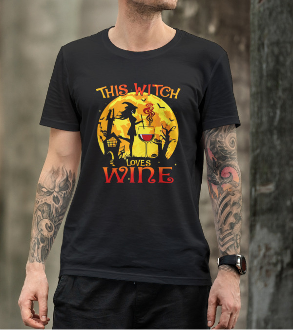 Witch Silhouette Enjoying Wine In Halloween Scene With Full Moon And Bats T-Shirt