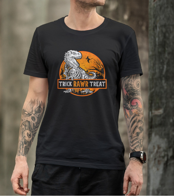 Trick Rawr Treat Halloween Skeleton T-Rex With Spooky Orange Background T-Shirt