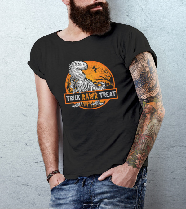 Trick Rawr Treat Halloween Skeleton T-Rex With Spooky Orange Background T-Shirt