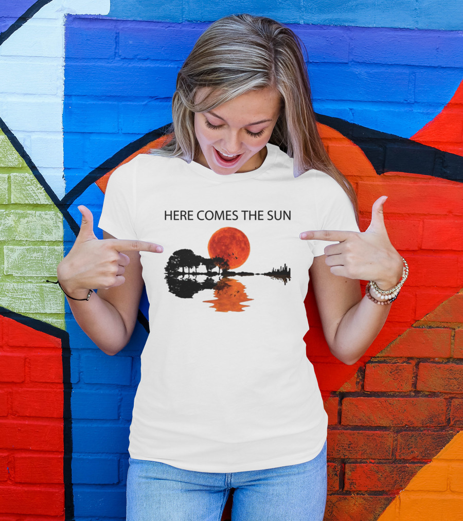 Here Comes The Sun Sunset Reflection Trees Silhouette Skyline Moon T-Shirt