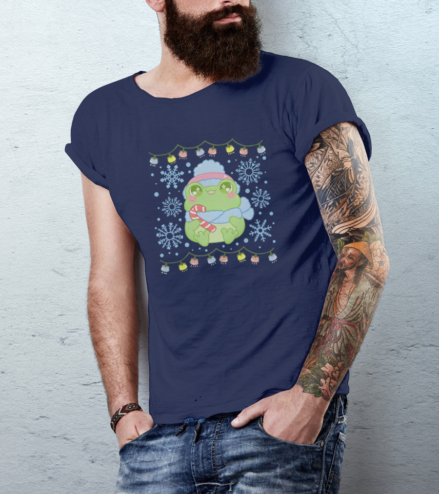 Merry Frogmas Cute Winter Frog With Candy Cane And Snowflakes T-Shirt