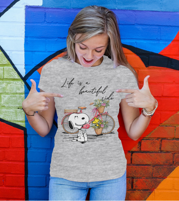 Life Is A Beautiful Ride With Snoopy And Woodstock On Floral Bicycle T-Shirt