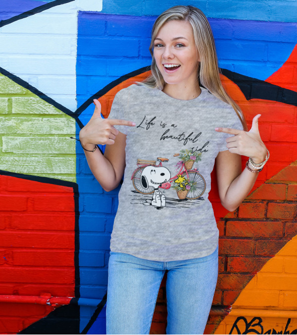 Life Is A Beautiful Ride With Snoopy And Woodstock On Floral Bicycle T-Shirt