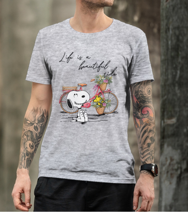 Life Is A Beautiful Ride With Snoopy And Woodstock On Floral Bicycle T-Shirt