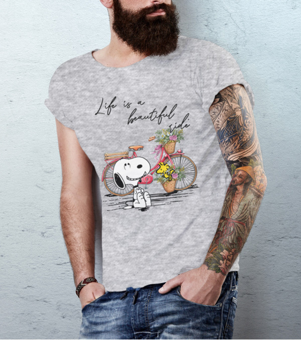 Life Is A Beautiful Ride With Snoopy And Woodstock On Floral Bicycle T-Shirt