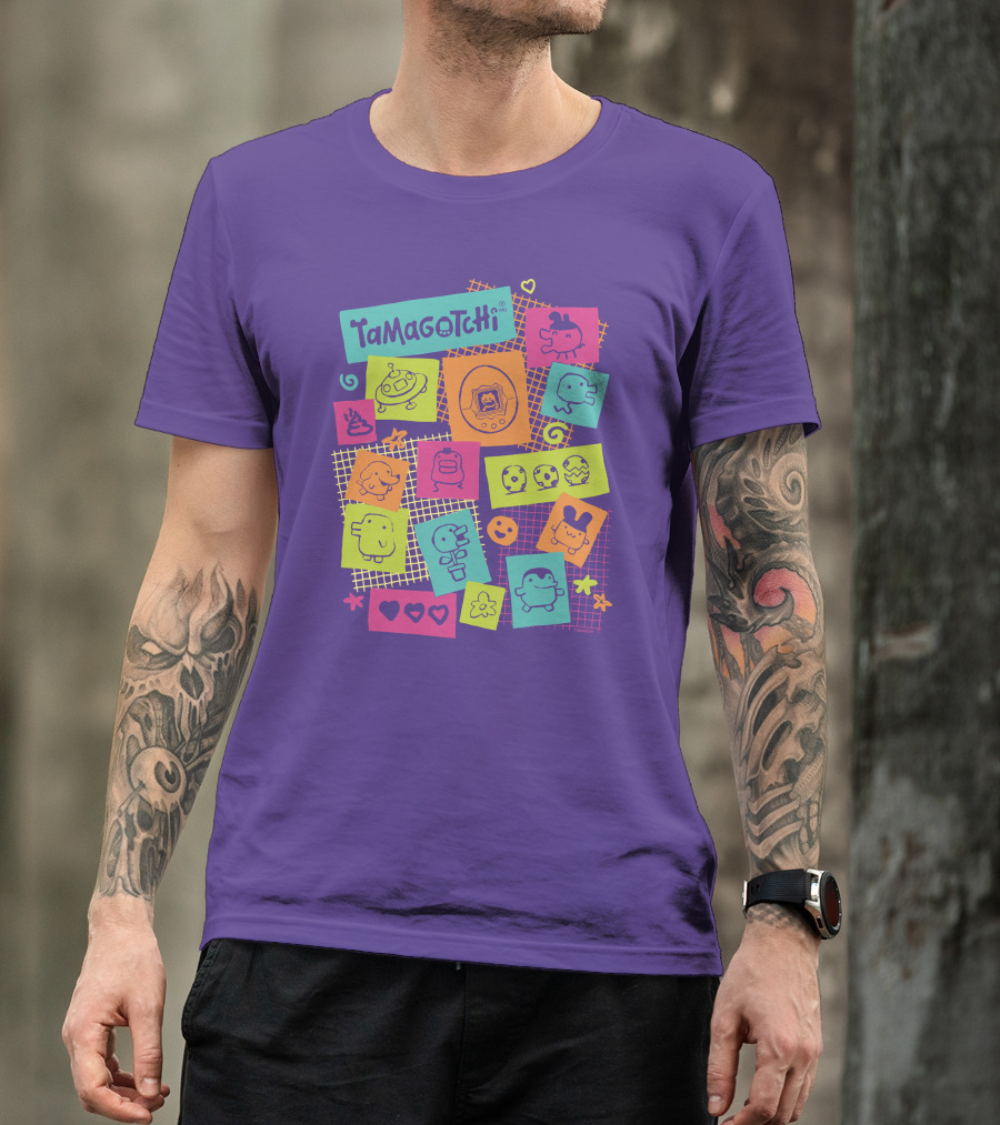 Tamagotchi Neon Character Collage With Hearts And Stars T-Shirt
