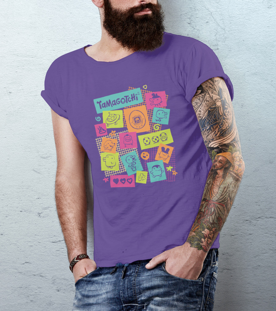 Tamagotchi Neon Character Collage With Hearts And Stars T-Shirt