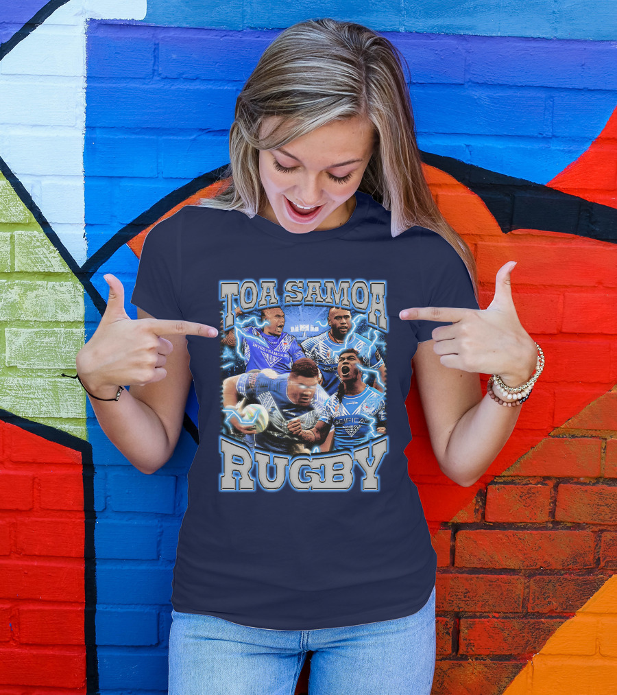 Toa Samoa Rugby Blue Jersey Action Lightning Background T-Shirt