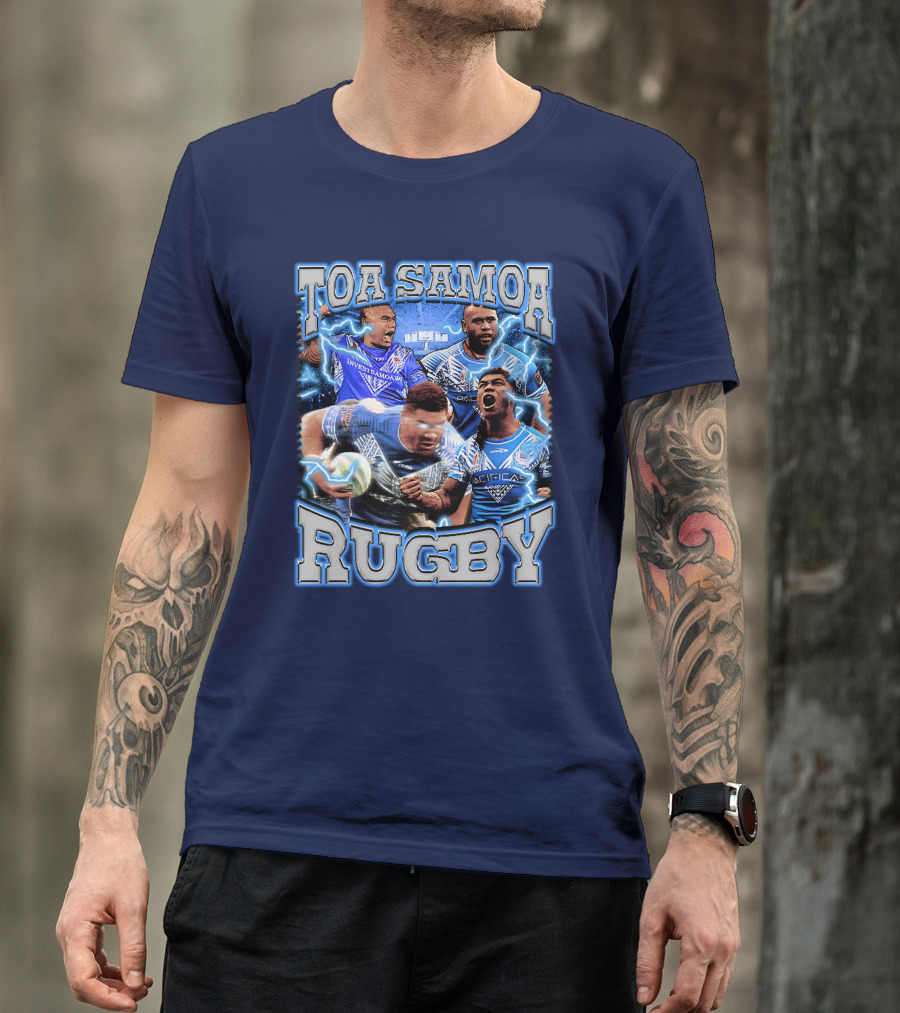 Toa Samoa Rugby Blue Jersey Action Lightning Background T-Shirt