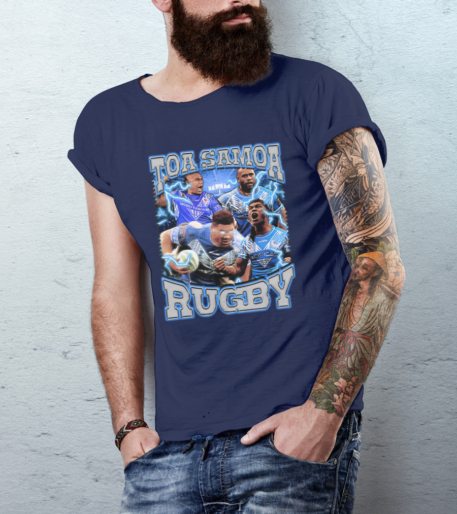 Toa Samoa Rugby Blue Jersey Action Lightning Background T-Shirt