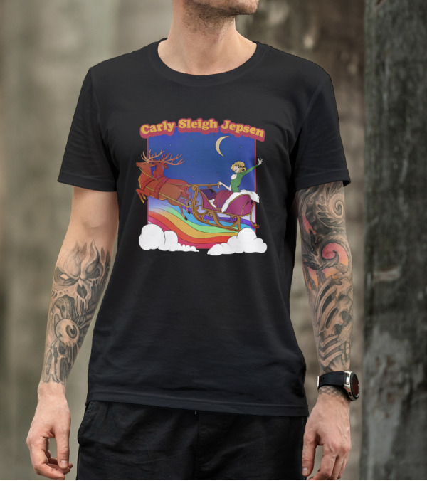 Carly Sleigh Jepsen Christmas Youth Sleigh Ride With Reindeer Retro Rainbow Sky T-Shirt