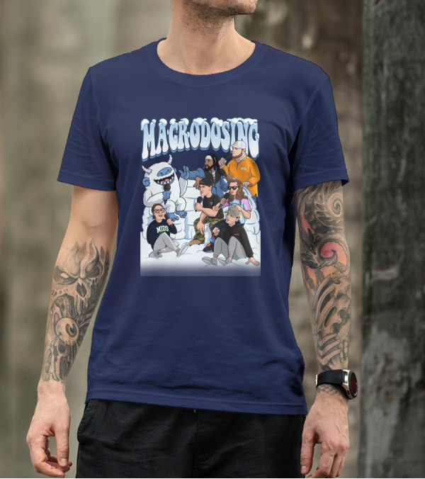 Macrodosing Yeti Podcast Group In Ice Fortress Scene With Microphones And Laughter T-Shirt