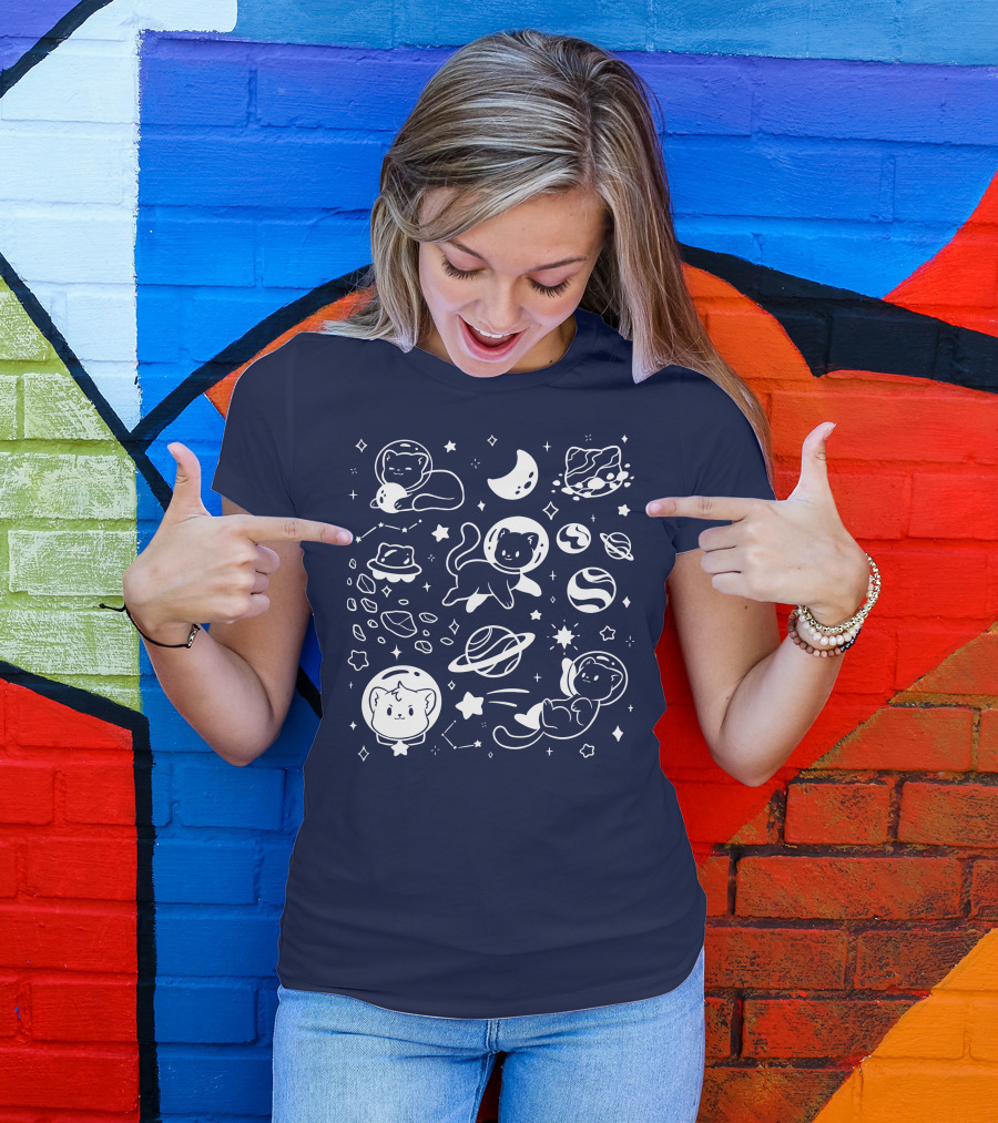 Helloapparel Cosmic Cat Astronaut Adventure With Stars And Planets T-Shirt
