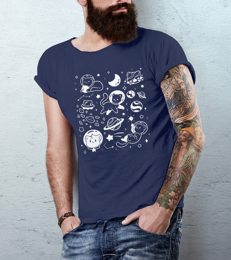 Helloapparel Cosmic Cat Astronaut Adventure With Stars And Planets T-Shirt