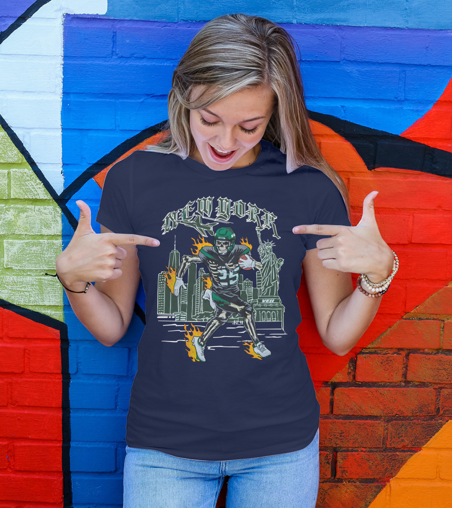 New York Ty Johnson Football Skyline Skeleton Art Flames Statue Of Liberty T-Shirt