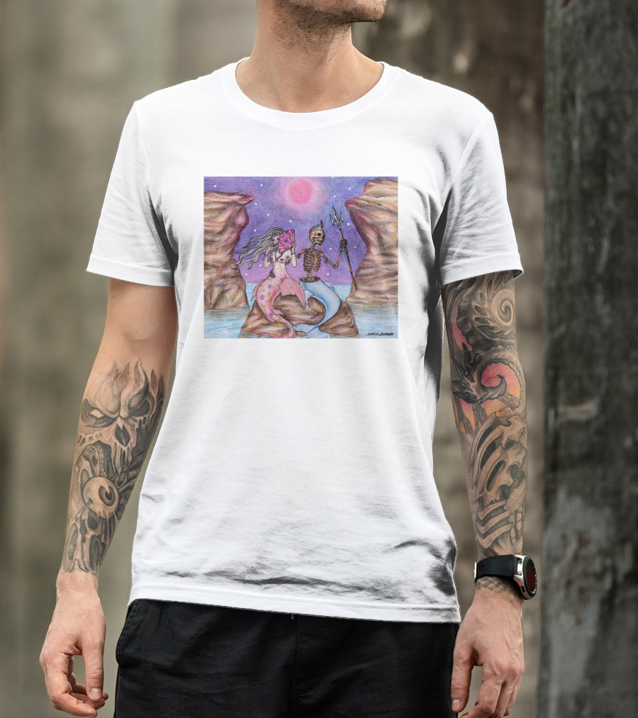 Marcos Alvarado Sea Of Love Mermaid And Skeleton Under Pink Moon T-Shirt