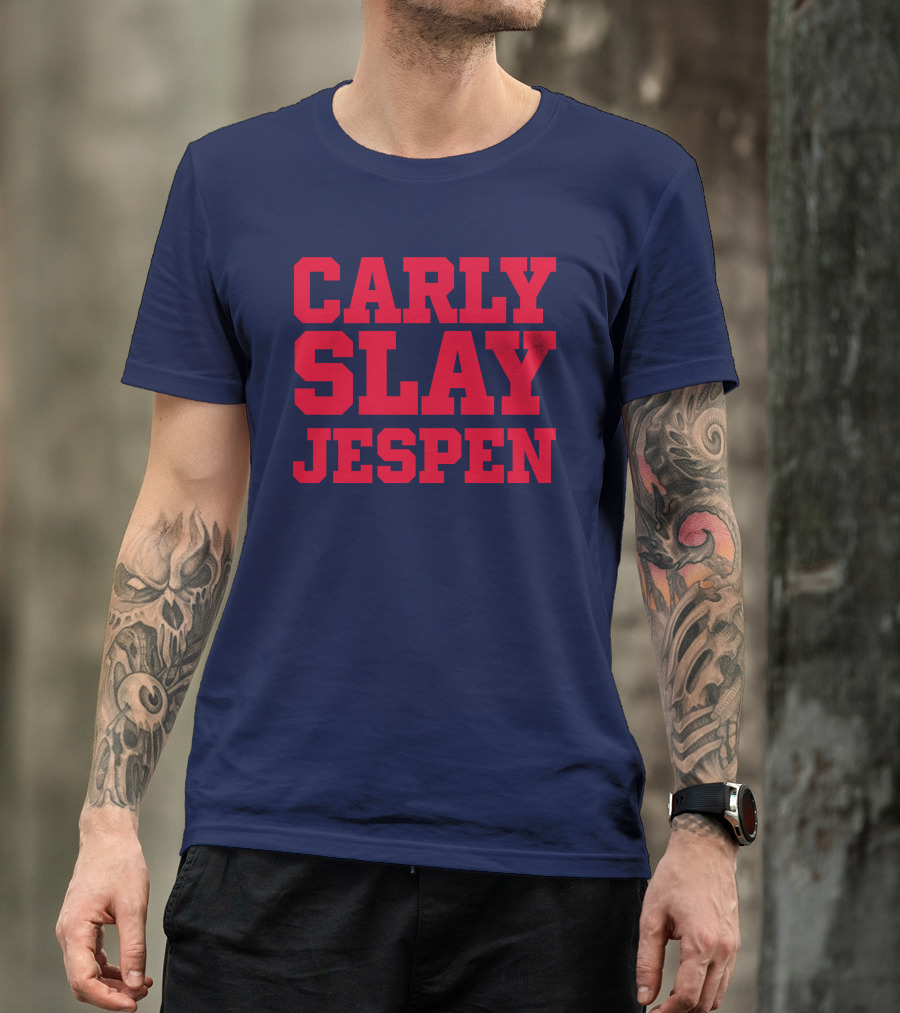 Carly Slay Jespen Bold Red Typography On Navy Background T-Shirt