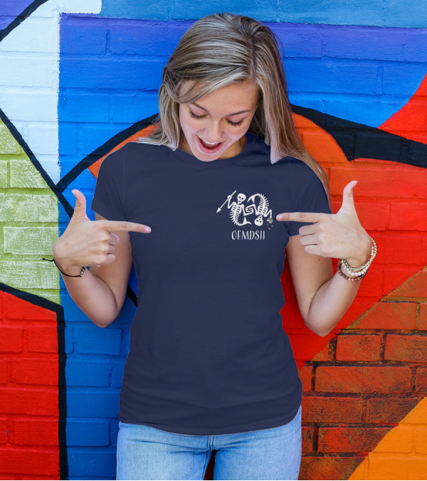 Samba Schutte Wearing OFMDSII Skeleton Arrow Design Navy T-Shirt