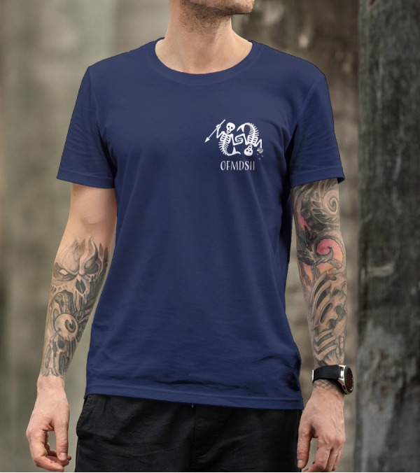 Samba Schutte Wearing OFMDSII Skeleton Arrow Design Navy T-Shirt