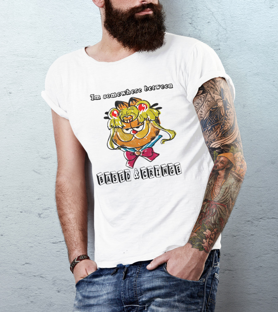 I'm Somewhere Between Based And Cringe With Cartoon Cat Mashup T-Shirt