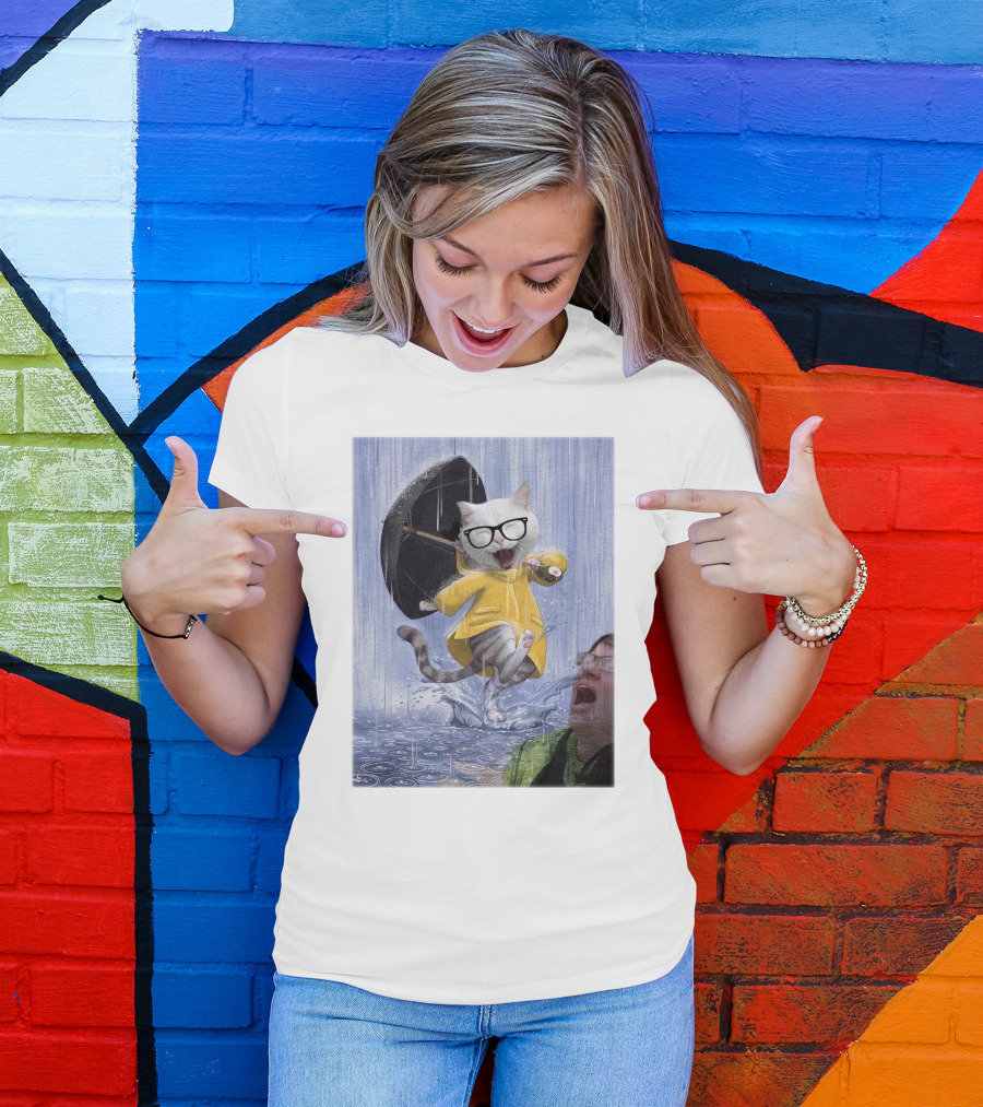 Catturd In Yellow Raincoat With Glasses Holding Umbrella In The Rain T-Shirt