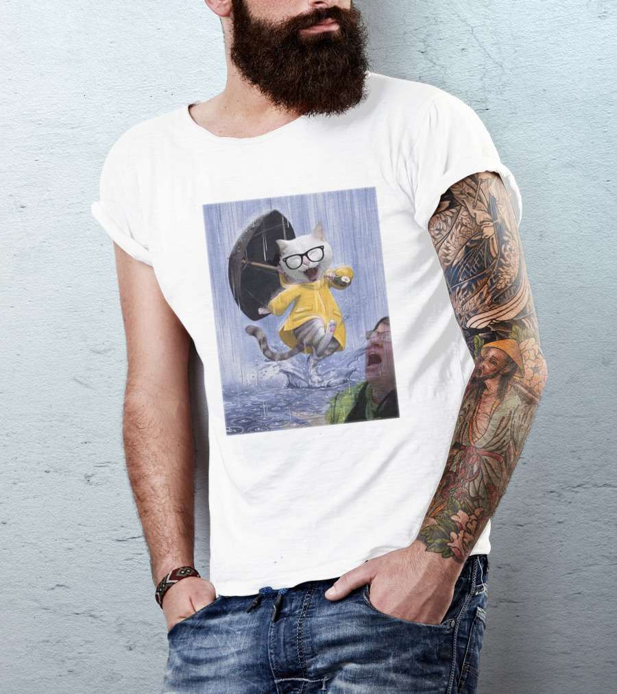 Catturd In Yellow Raincoat With Glasses Holding Umbrella In The Rain T-Shirt