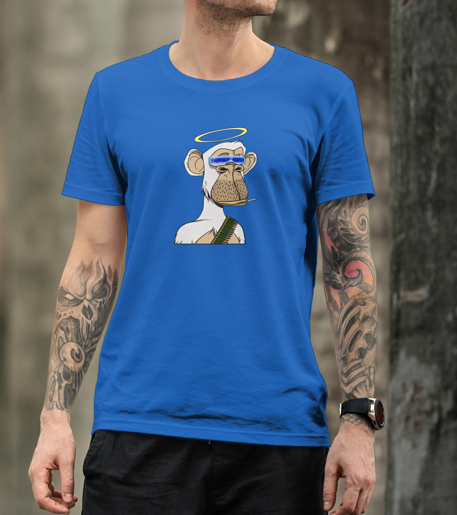Ginotheghost Bored Ape Yacht Club Angel Halo NFT Ape Blue Background T-Shirt