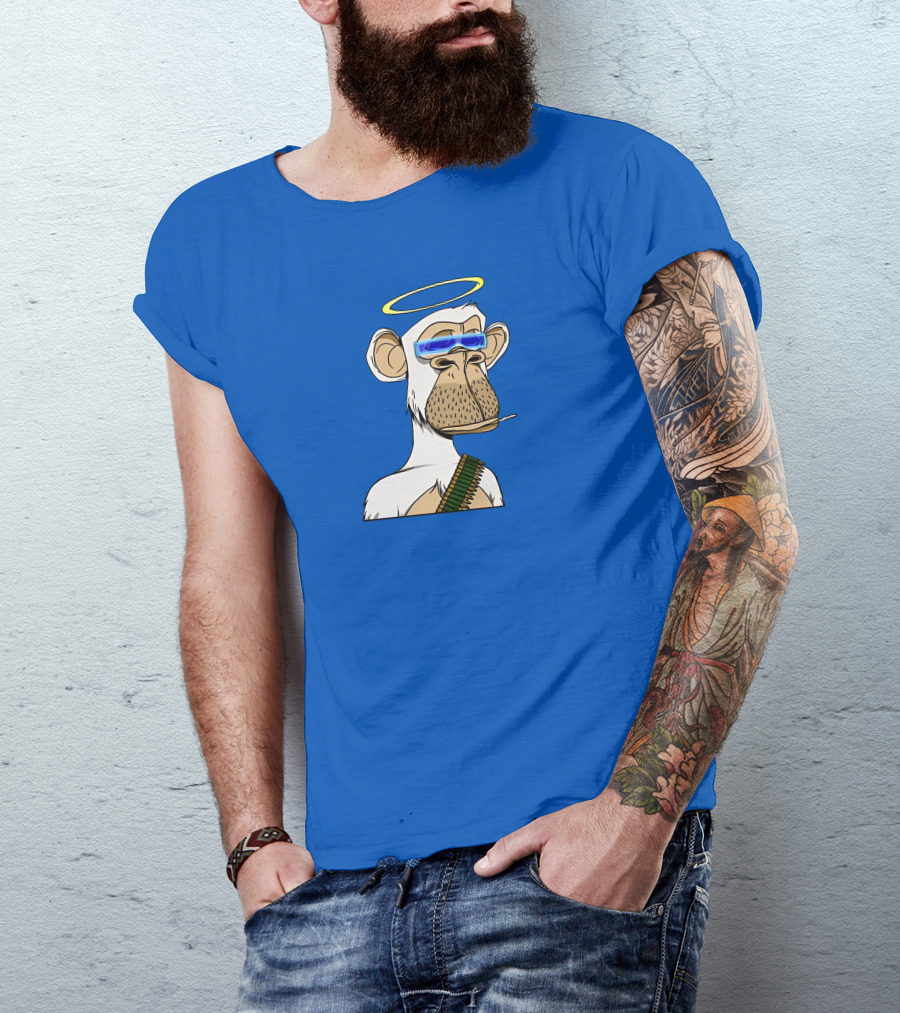 Ginotheghost Bored Ape Yacht Club Angel Halo NFT Ape Blue Background T-Shirt
