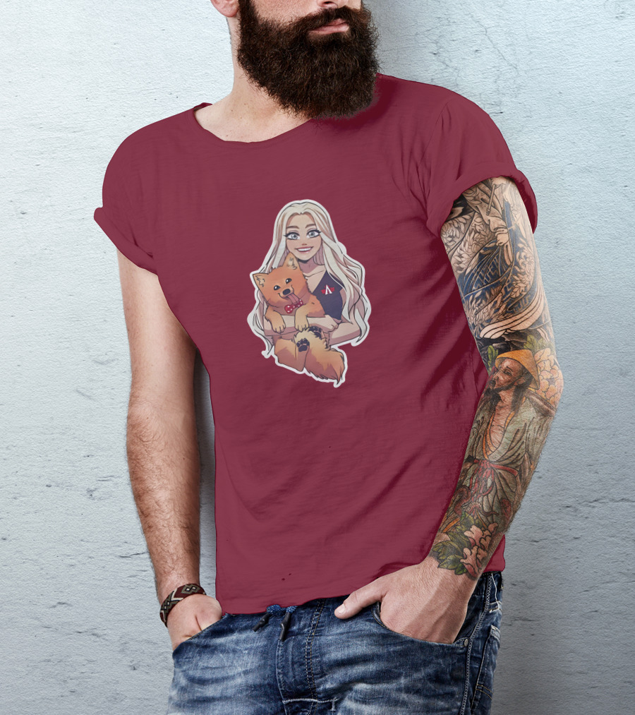 Autumnrhodess Cartoon Character Holding Dog With Red Bowtie On Burgundy Background T-Shirt