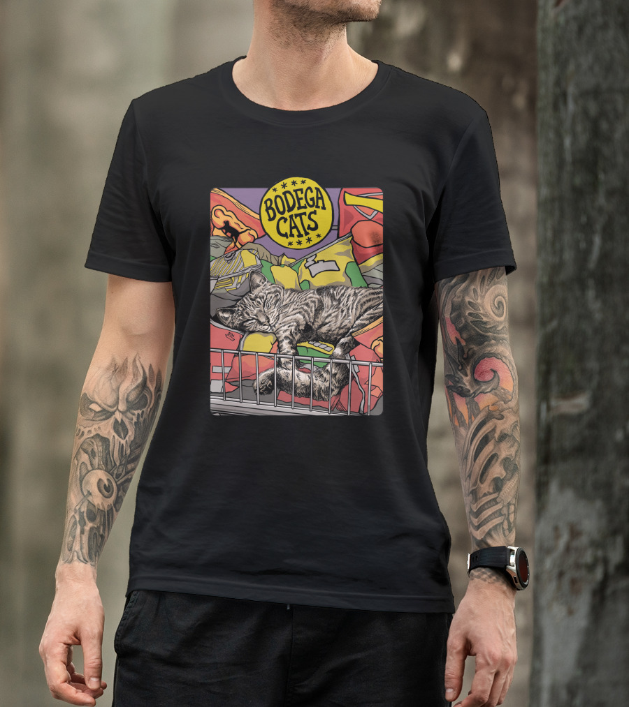 Bodega Cats Sleeping Among Snacks And Bags In Bright Colors T-Shirt