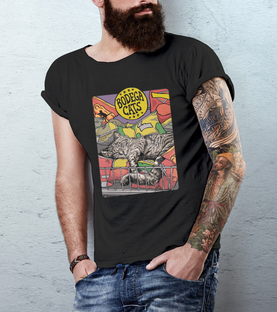 Bodega Cats Sleeping Among Snacks And Bags In Bright Colors T-Shirt