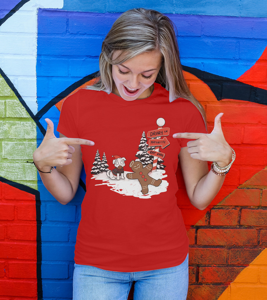 Badboyhalo Holiday Drury Lane Muffin City Rat Road Christmas Dog And Gingerbread Scene T-Shirt