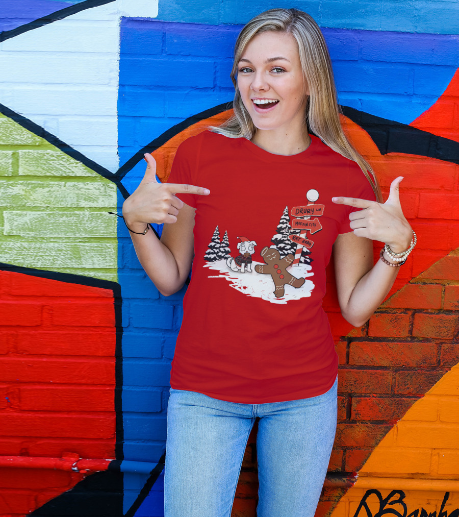 Badboyhalo Holiday Drury Lane Muffin City Rat Road Christmas Dog And Gingerbread Scene T-Shirt