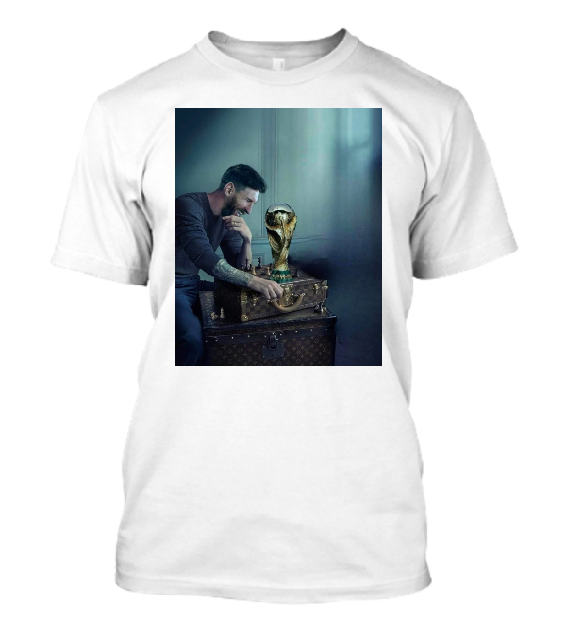 Lionel Messi Celebrates With World Cup Trophy On Luxury Trunk T-Shirt