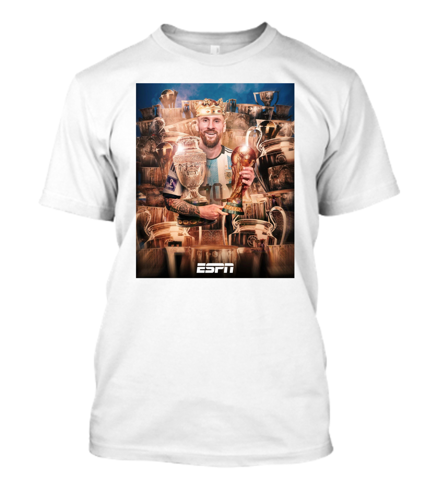 Messi King Of Football Holding World Cup Trophy Surrounded By Awards ESPN T-Shirt
