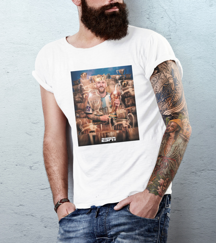 Messi King Of Football Holding World Cup Trophy Surrounded By Awards ESPN T-Shirt