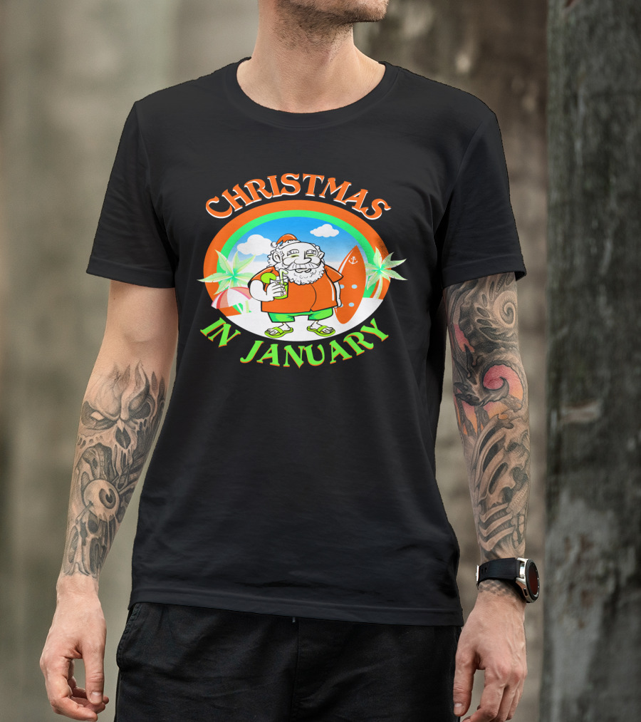 Christmas In January Santa With Surfboard And Drink T-Shirt