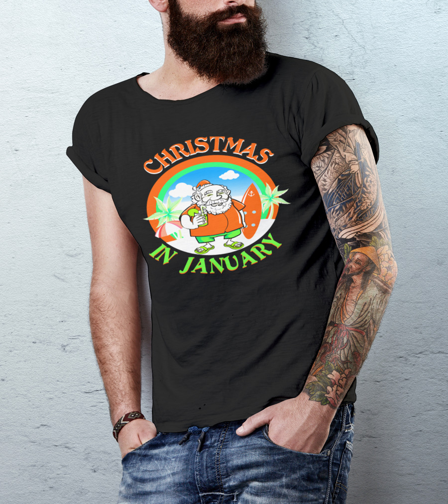 Christmas In January Santa With Surfboard And Drink T-Shirt