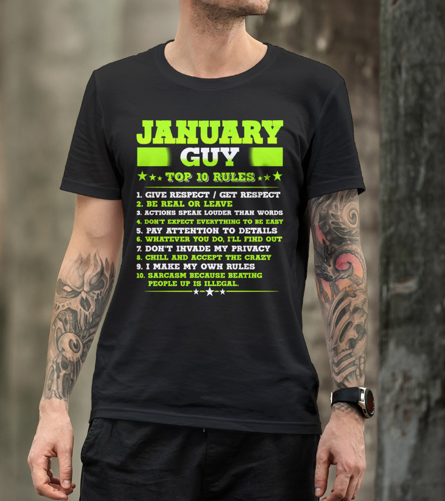 Cool January Guy Top 10 Rules Birthday T-Shirt