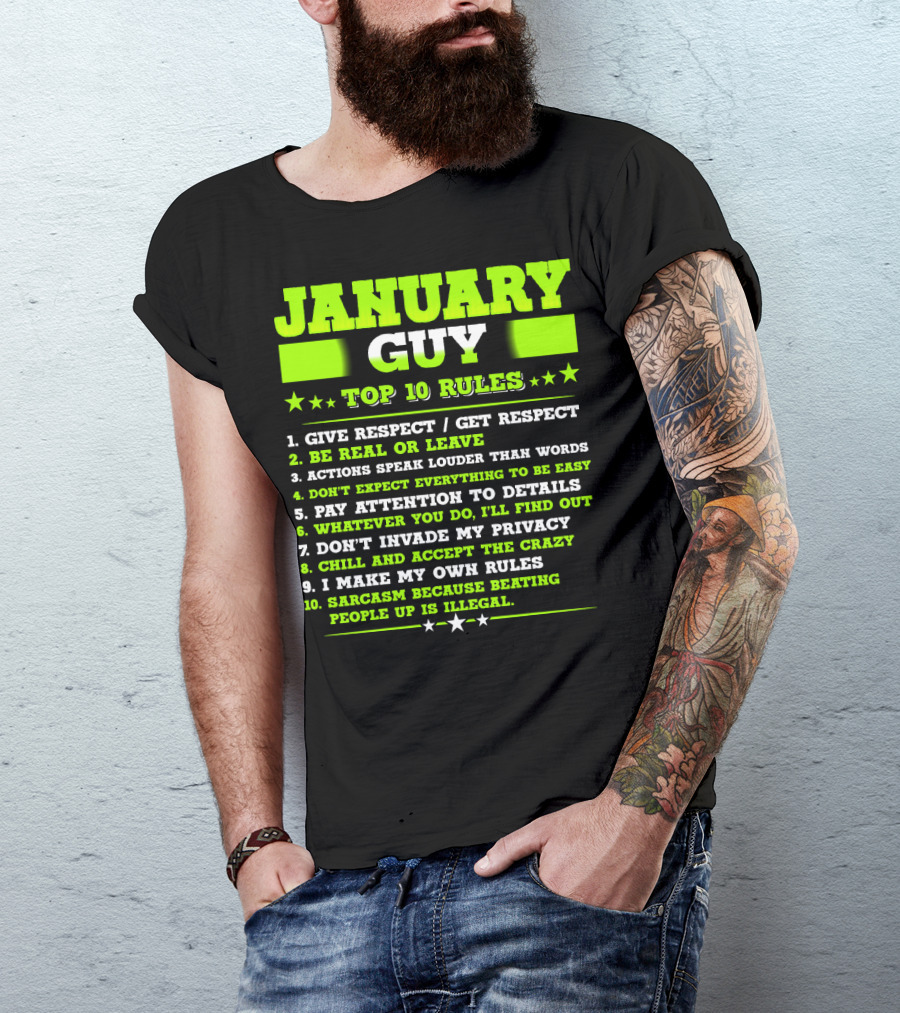 Cool January Guy Top 10 Rules Birthday T-Shirt