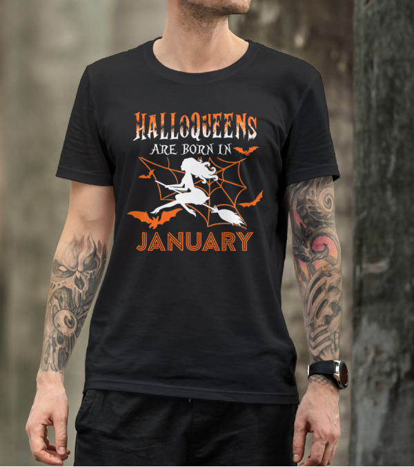 Halloqueens Are Born In January Witch And Bats Halloween Birthday T-Shirt
