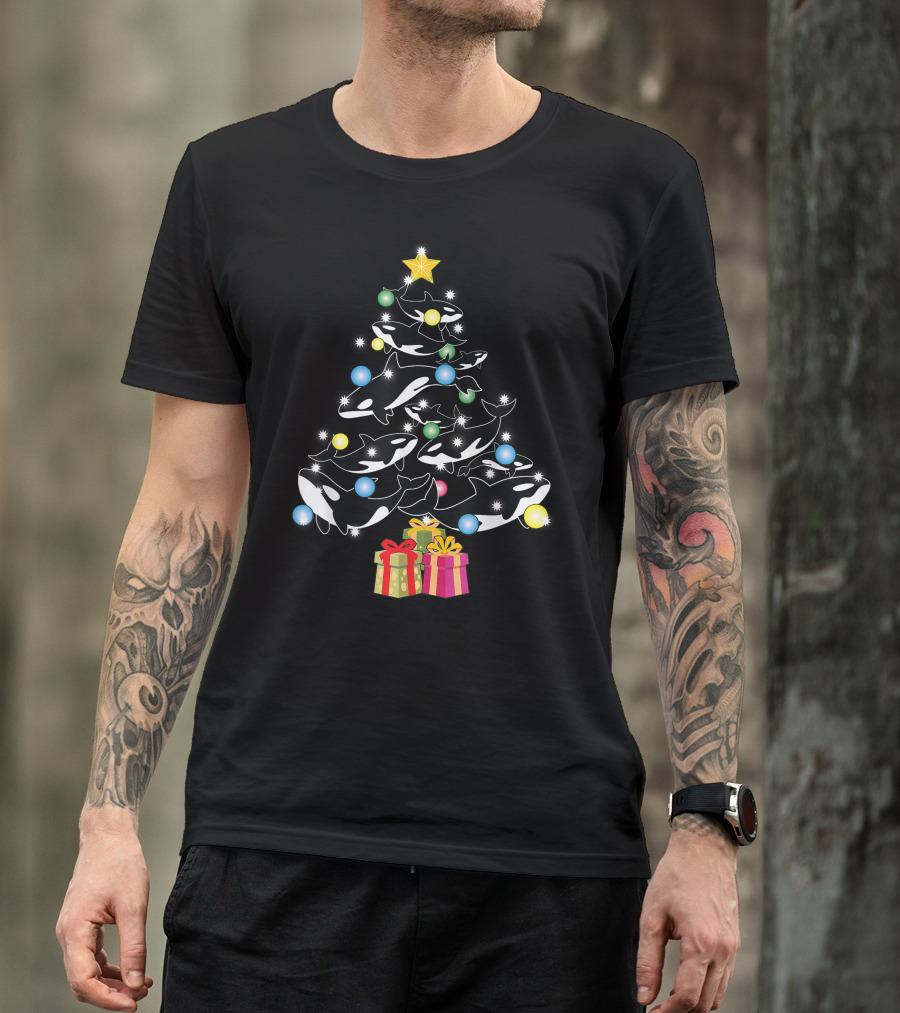 Christmas Orca Whales Tree With Gifts And Decorations T-Shirt