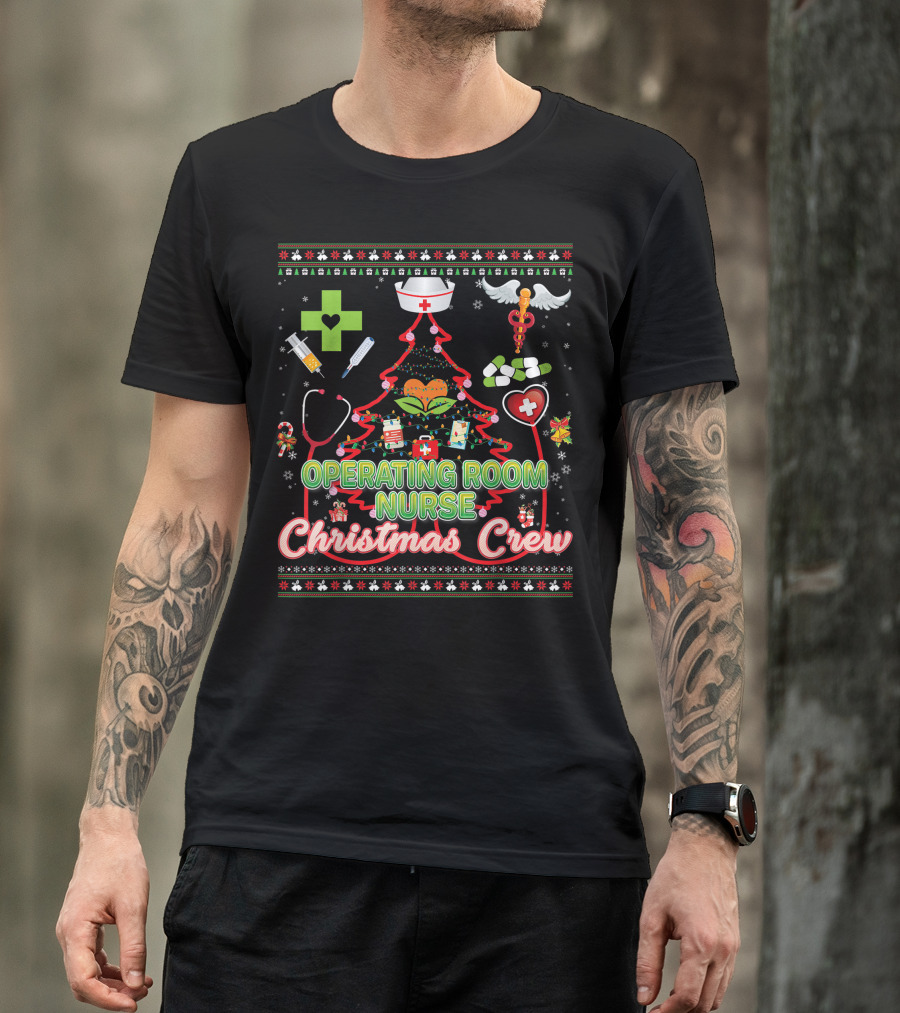 Operating Room Nurse Christmas Crew Tree Stethoscope Holiday Symbols T-Shirt