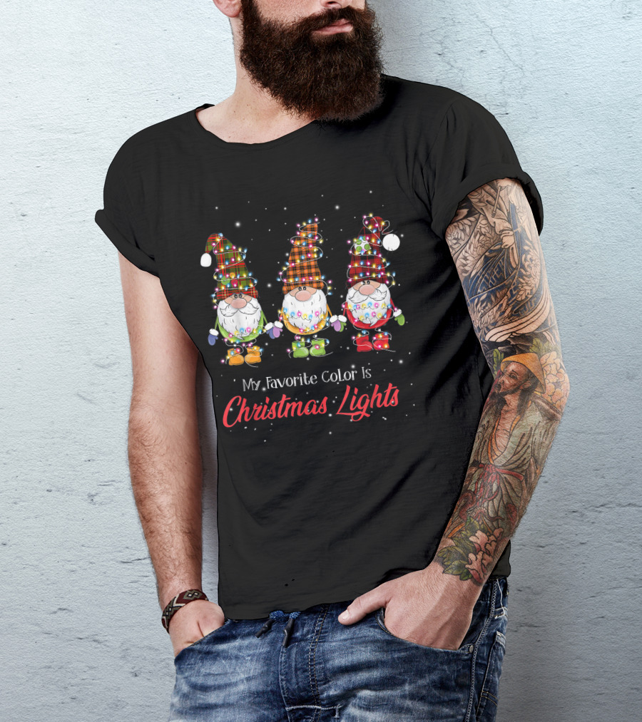 My Favorite Color Is Christmas Lights Gnomies Gnome Buffalo Plaid Trio T-Shirt