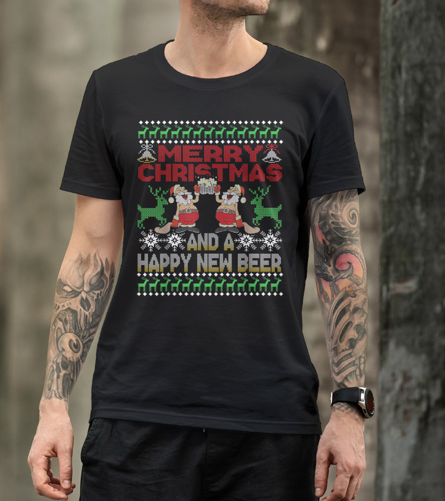 Merry Christmas Happy New Beer Ugly Sweater For Beer Lover With Santa Reindeer T-Shirt